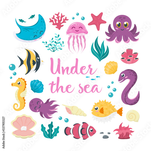 Colorful cartoon collection of cute exotic sea animals and plants - jellyfish, seahorse, octopus, clownfish, globe fish, muraena. Isolated on white background. Vector objects for marine kids design.