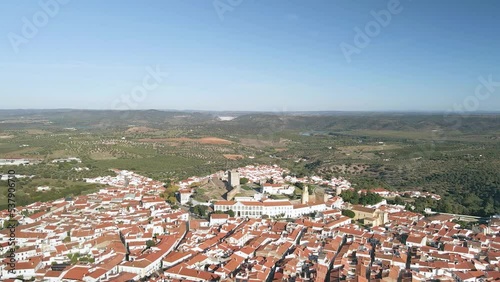 Aerial view of Alentejo countryside Moura city, rural tourism destination region, Portugal.