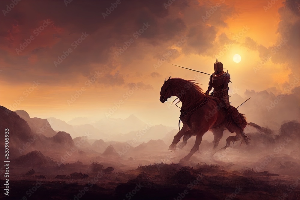 Brave epic knight riding horse on a misty sunset landscape with flying big dragons concept art 3D rendering