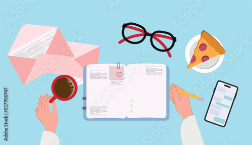 Hands write a letter. Notepad on the table. Young woman. The envelope. Homework. Vector illustration. View from above.