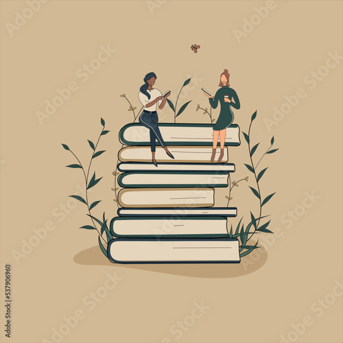 Concept: book is source of knowledge.A tiny African woman with friend sitting on stack of books and reading books.Volumes with plants as symbol of education.For library or bookstore.Hand-drawn vector