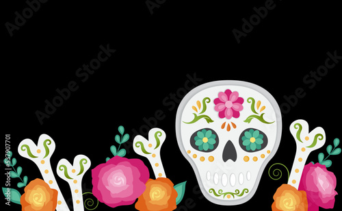 A paper layer style sugar skull and floral with copy space
