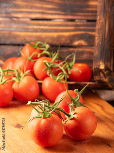 Tomatoes, beautiful details of fresh red tomatoes on branches over rustic wood, selective focus.
