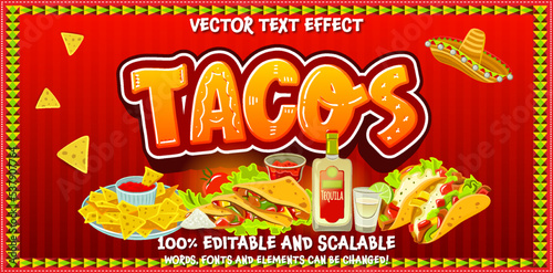 Tacos editable colorful style text effect in modern 3d style effect. Mexican style letters font template on traditional ornament red background. Viva Mexico. Mexican food vectors  tequila  empanada