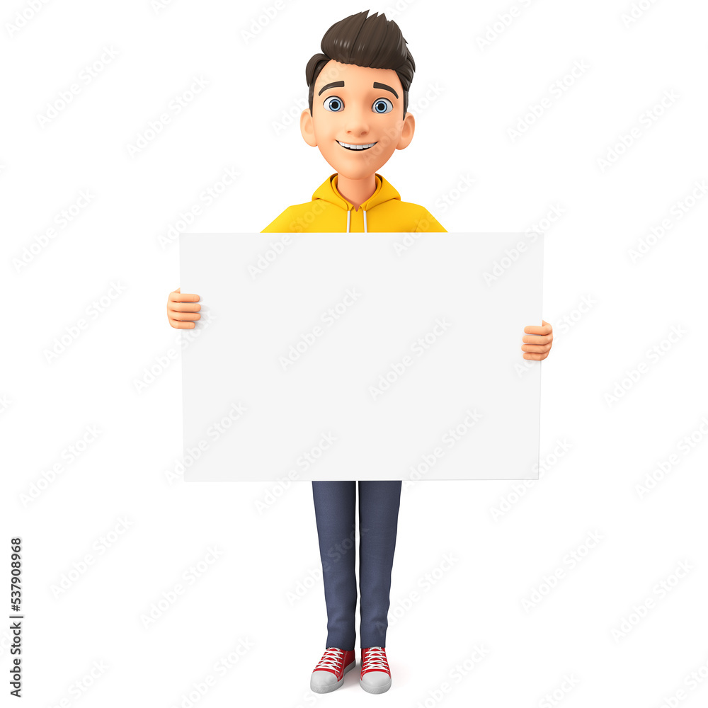 Cartoon character cheerful guy holding an empty board. 3d render illustration. Cartoon character cheerful guy holding an empty board. 3d render illustration.
