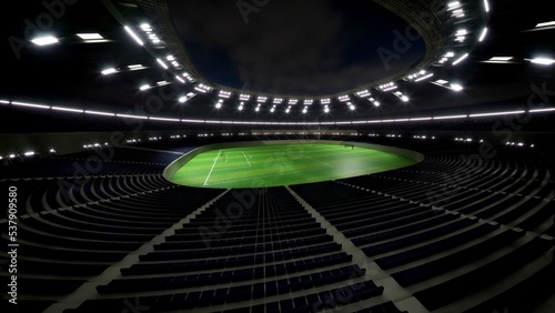 An empty football stadium, viewed from the top. Virtual 3D render scene with lighting and textures.