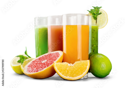 Fototapeta Naklejka Na Ścianę i Meble -  Tasty fruits  and juice with vitamins on background