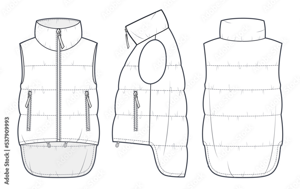 Unisex Down Jacket Vest technical fashion Illustration. Puffer Vest  technical drawing template, sleeveless, pocket, asymmetrical hem, front,  side and back view, white, women, men, unisex CAD mockup. vector de Stock |  Adobe
