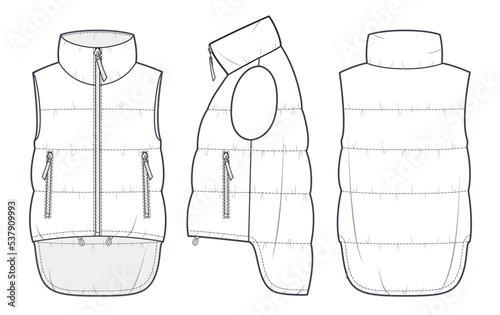 Unisex Down Jacket Vest technical fashion Illustration. Puffer Vest technical drawing template, sleeveless, pocket, asymmetrical hem, front, side and back view, white, women, men, unisex CAD mockup.