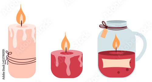 Set of burning candles. Hand-drawn vector illustration in doodle style . Design for holiday cards, stickers, print.
