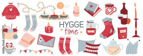 Hygge time. Cute illustrations with cozy items. Big stickers set.  Isolated on white background.