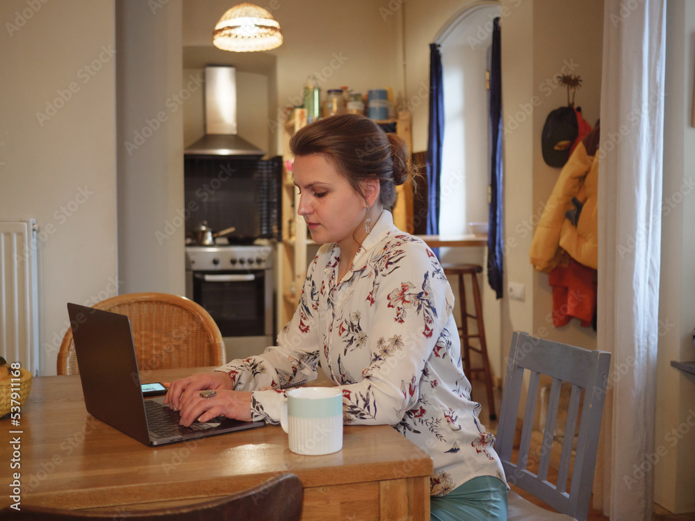 Young woman working on laptop evening at home Young woman working on laptop evening at home
