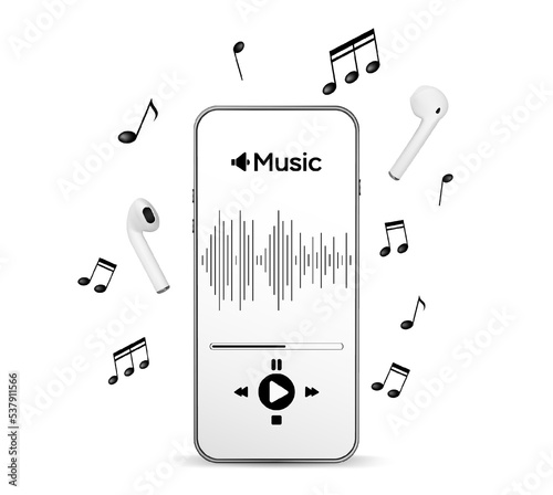 Music icon. Audio equipment with beats, notees, headphones, music application on mobile smartphone screen. Radio recording sound voice isolated on white background. Broadcast media music concept.