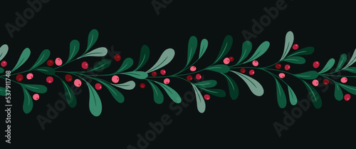 Christmas Mistletoe Foliage and Lingonberries Vector Seamless Horizontal Pattern Border. Berries and Twigs. Winter Holidays Festive Washi Tape Print. Festive Botanical Design
