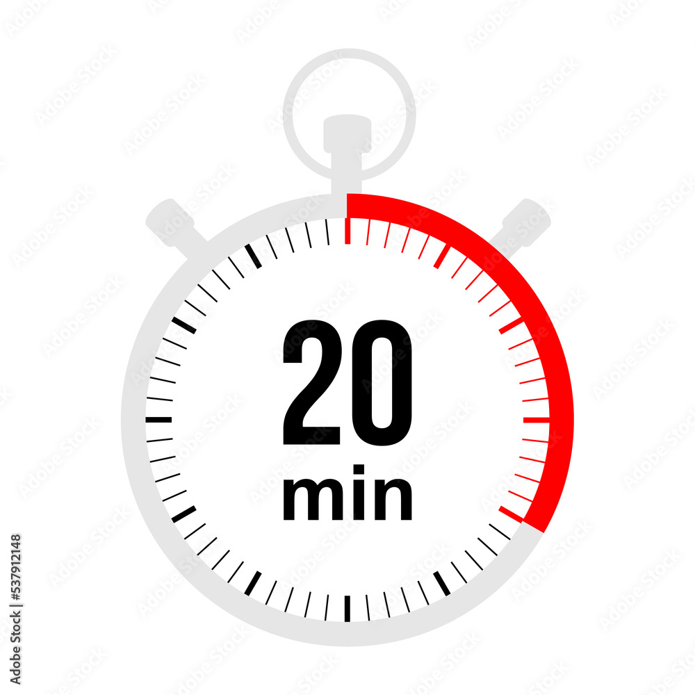 20 minutes timer. Stopwatch symbol in flat style. Stopwatch isolated on white background. vector