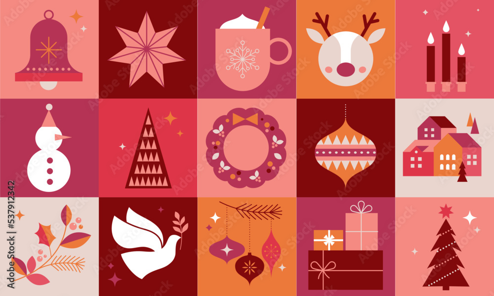 Fototapeta premium Merry Christmas modern design, holiday gifts, winter elements, candles, Christmas tree, village and Xmas decorations. Colorful vector illustration in flat geometric cartoon style