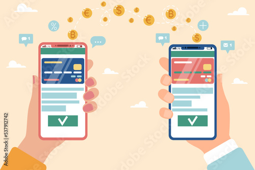 Transfer of funds, currency exchange, international transfers, online payment, registration or repayment of a loan, interest on a deposit, account transactions. Female and male hand with a phone.