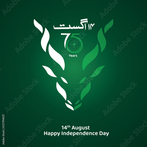 14 August 75 years Celebration of Pakistan Independence day.
Translate: 14 august urdu calligraphic.
vector illustration. 