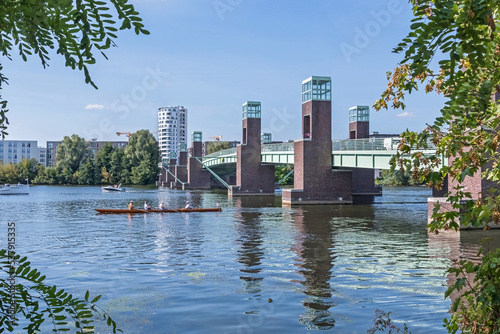 Maselake bay of the River Havel with the bridge Spandauer-See Bruecke in Berlin, Germany