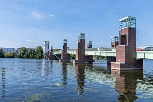 Maselake bay of the River Havel with the bridge Spandauer-See Bruecke in Berlin, Germany