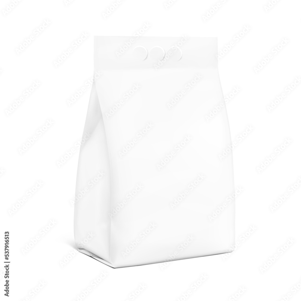 Realistic stand bag with hole handle mockup. Vector illustration isolated on white background. Half side view. Can be use for your design, presentation, promo, ad. EPS10. Realistic stand bag with hole handle mockup. Vector illustration isolated on white background. Half side view. Can be use for your design, presentation, promo, ad. EPS10.