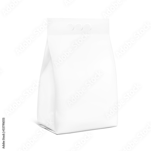 Realistic stand bag with hole handle mockup. Vector illustration isolated on white background. Half side view. Can be use for your design, presentation, promo, ad. EPS10.	