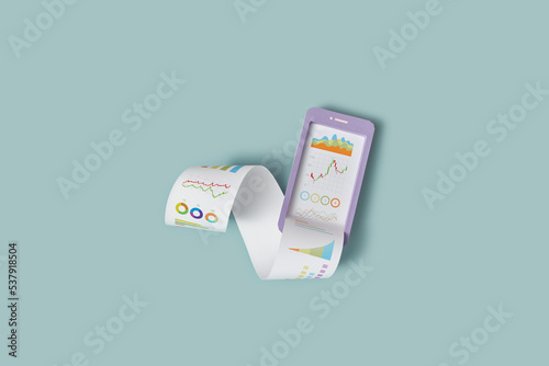 Smartphone mockup with paper financial diagram.
