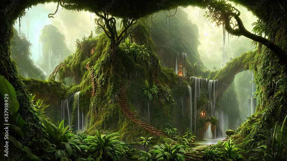 Wild jungle forest. Fantasy forest landscape. 3D illustration Stock