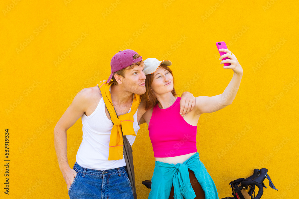 sports cheerful red-haired couple makes a selfie sports cheerful red-haired couple makes a selfie