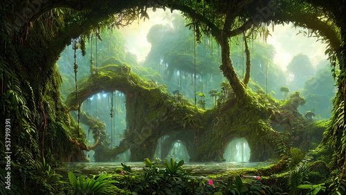 Wild jungle forest. Fantasy forest landscape. 3D illustration