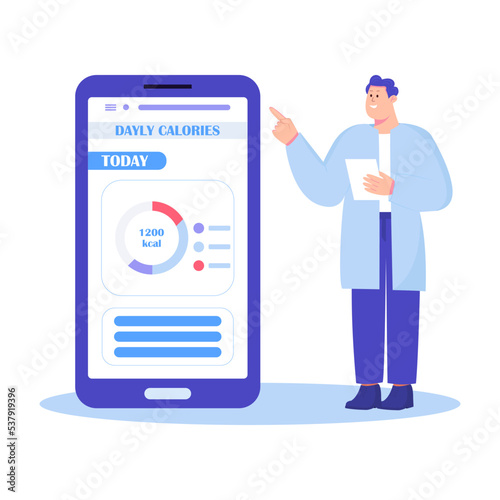 Female nutritionist or dietitian doctor holding clipboard. Smartphone with health monitoring, nutrition chart control. Healthcare and weight loss concept. Flat vector illustration.