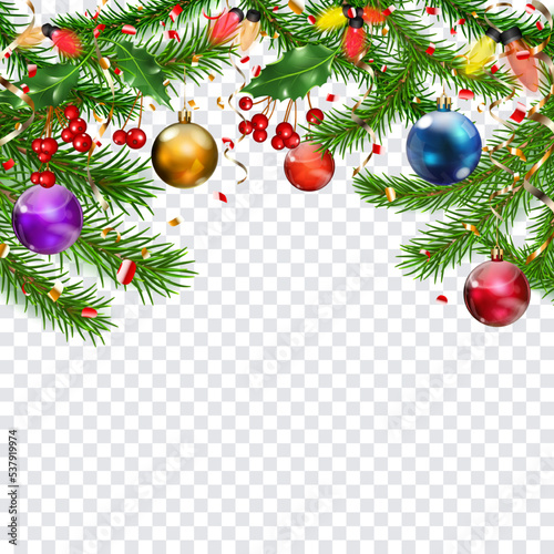 Christmas illustration with New Year pine branches, hanging colored balls, pieces of serpentine, holly leaves and red berries, isolated on transparent background