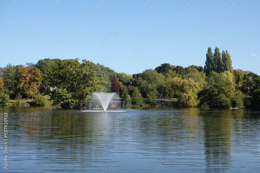 A scenic view of Lake Meadows park in Billericay, Essex, UK. 