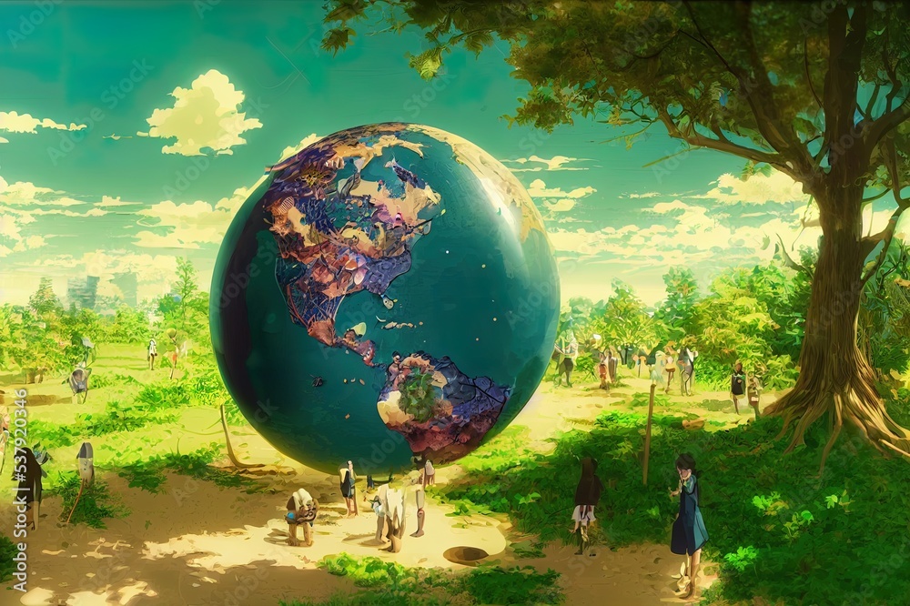 World Environment Day Concept Design With People Planting And Cleaning, Animal On Half Earth Globe. World Environment Day Concept Design With People Planting And Cleaning, Animal On Half Earth Globe.