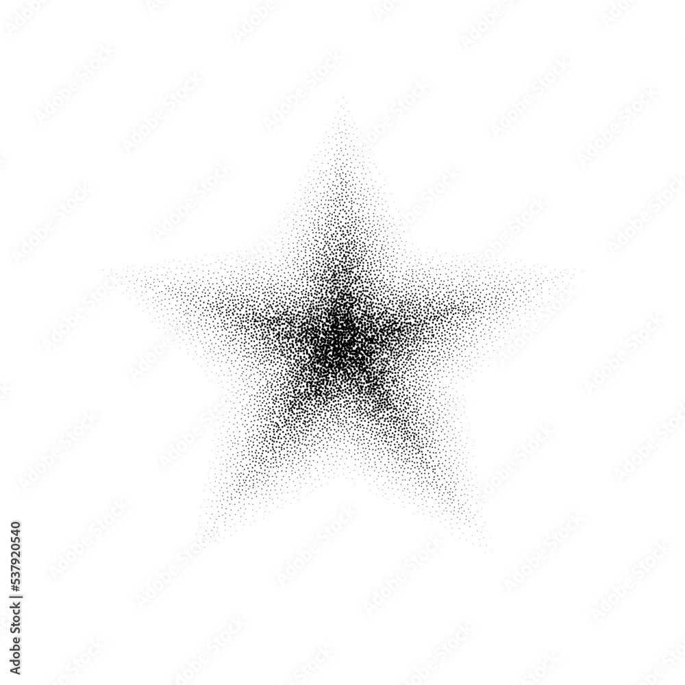 Dotted grain star. Black stipple shape. Abstract noise texture star. Halftone flare form. Vector stochastic 
