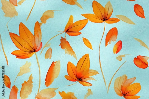 Watercolor floral seamless pattern Hand painted orange leaves fall flowers isolated on white background Autumn festival Botanical fall illustration for textile design print or background