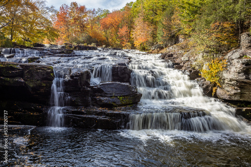 Shohola Falls in the Poconos  PA  looks amazing with beautiful fall foliage and lots of graceful cascades