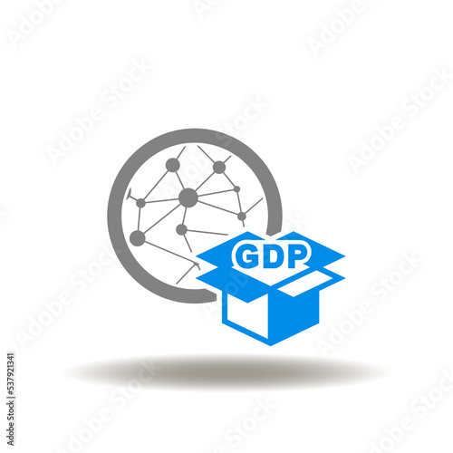 Vector illustration of earth planet with open cardboard box and GDP abbreviation. Symbol of GDP Good Distribution Practice. Sign of GDP Gross Domestic Product.