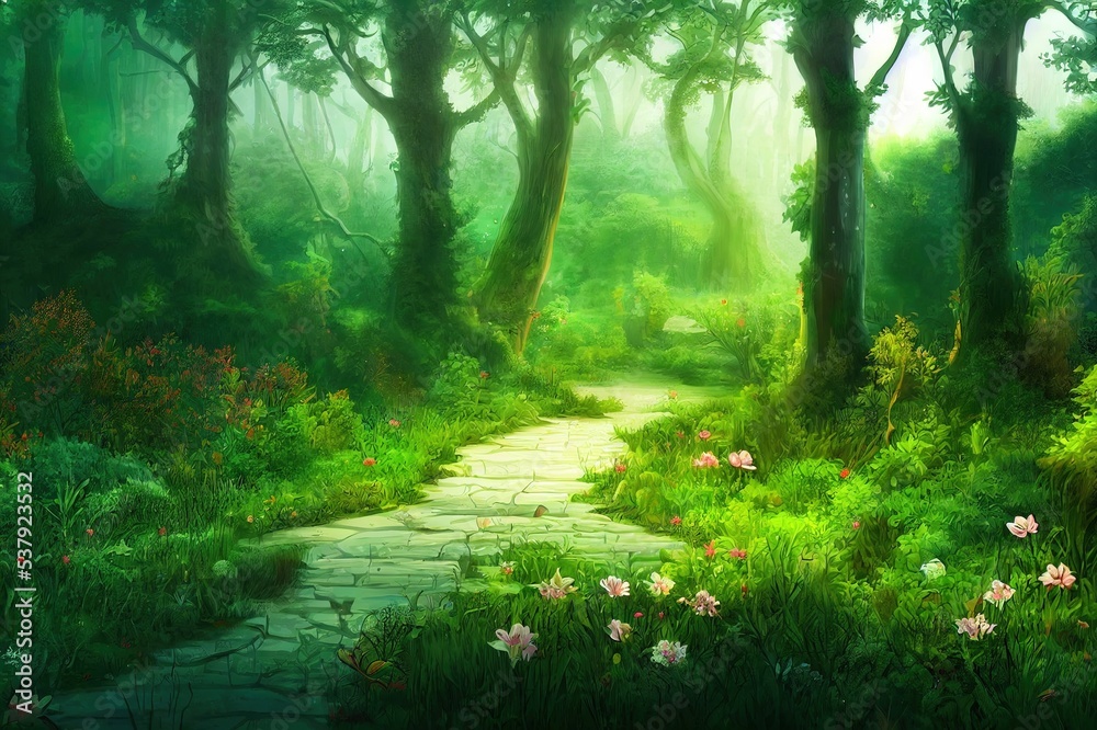 Fototapeta premium A beautiful enchanted forest with big fairytale trees and great vegetation Digital Painting Background Illustration