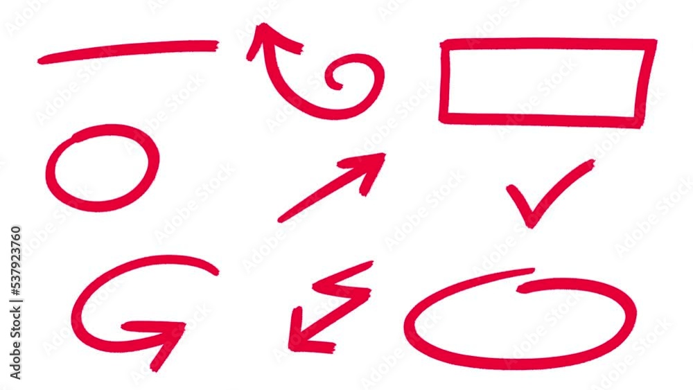 Arrows and a few other shapes lines animated hand drawn slow animation red version one on white background. Arrow cartoon irregular shape. Good for any video material. Motion graphic explainer
