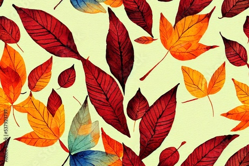 Watercolor autumn leaves pattern Hand drawn seamless background of botanicals for fall design