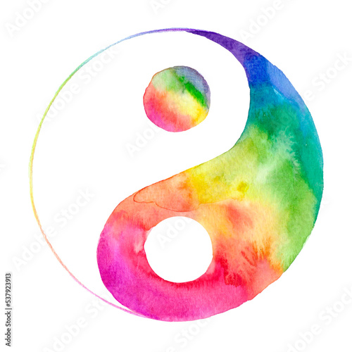 Watercolor hand draw illustration with rainbow yin yang sign; with white isolated background