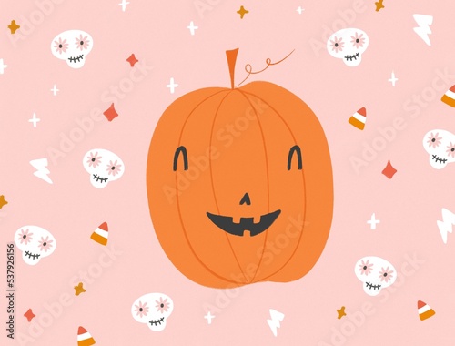 Skull and pumpkin spooky Halloween illustration  photo