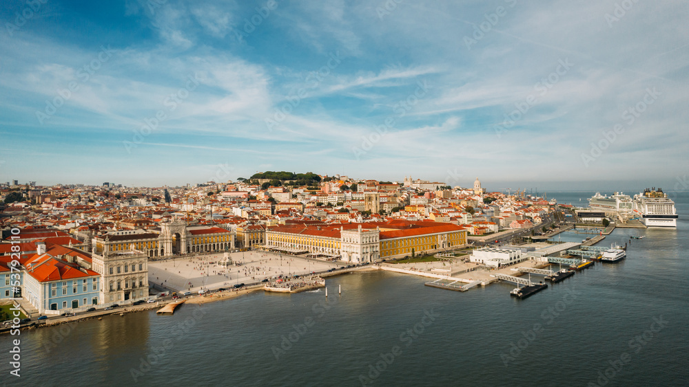 Aerial view of pedestrians at Praca do Comercio in Lisbon, Portugal