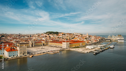 Aerial view of pedestrians at Praca do Comercio in Lisbon, Portugal