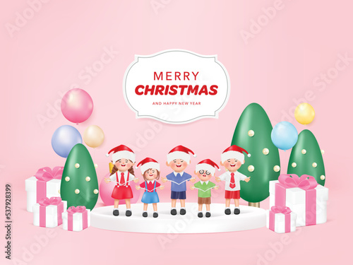 Merry christmas and happy new year cute character singing christmas carol song. 3D cartoon kid celebrating gifts in Merry Christmas and happy new year.