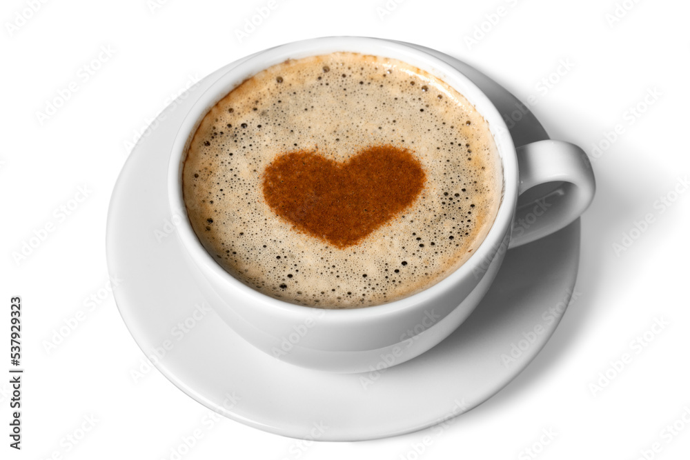 Latte coffee with heart symbol isolated on white background