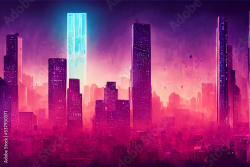 Illustration einer Stadt mit einem leuchtendem Geb  ude