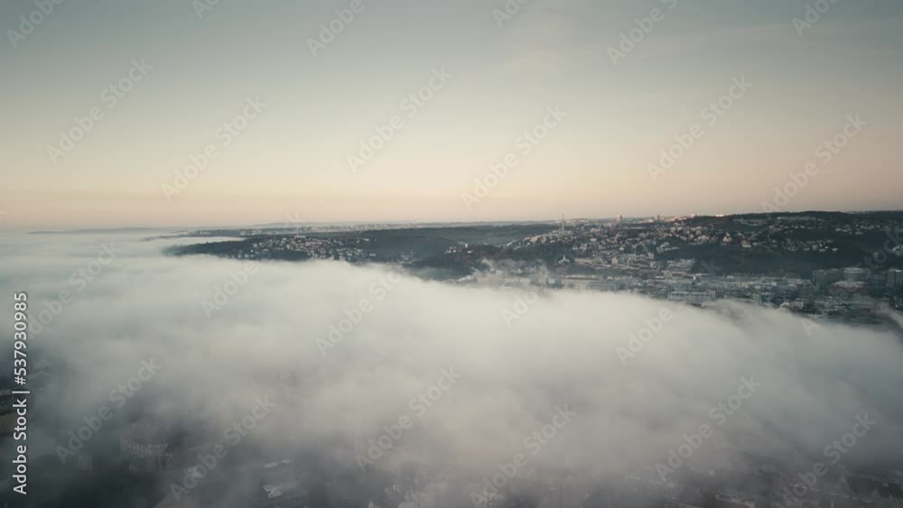 Cinematic Sunrise over Prague Czech Republic new town bird view clouds