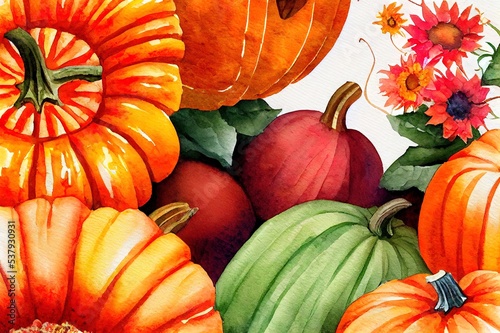 Watercolor Pumpkin and flower composition in basketThanksgiving decorFall harvestvegetables Country Farmhouse garden Autumn wedding illustration with pumpkinred apples and sunflower photo